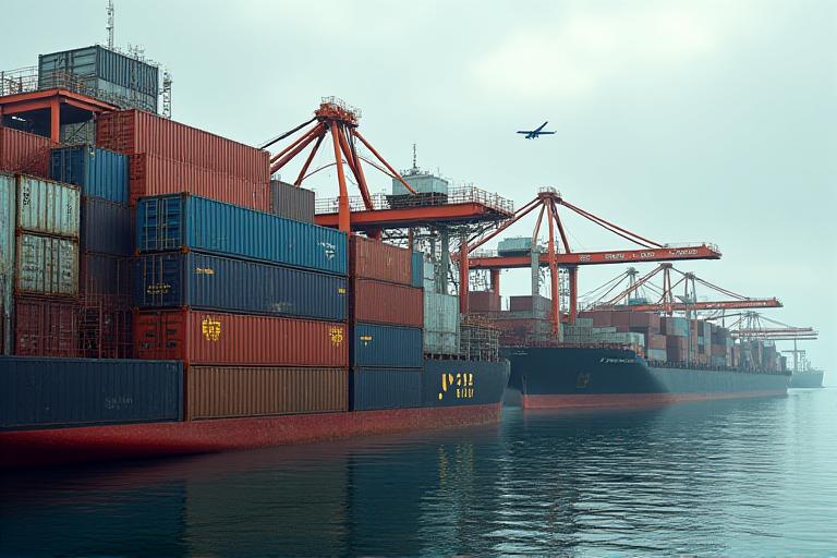 Multimodal freight containers at port with sea-air routing